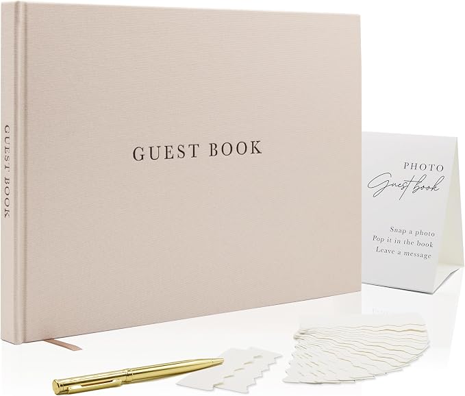 Real Linen Guest Book Set - 11.5 x 8.5 Embossed Guestbook for Weddings, Showers, Events, Blank & Lined, Comes with Sign, Pen, Box and Photo Sleeves, 120 Pages (Oatmeal) by ModernAlbumDesigns