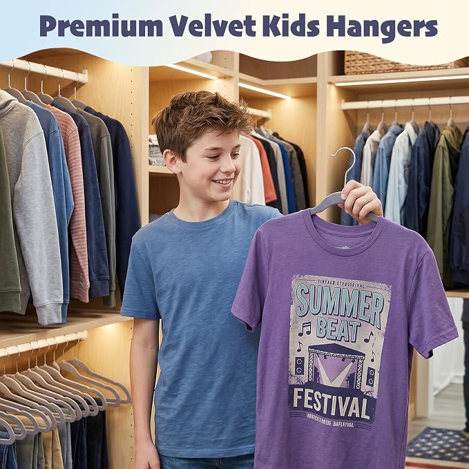 HOUSE DAY 14 Inch Kids Velvet Hangers 50 Pack, Durable Big Kid Hanger Grey | Children Hangers for Youth, Teen, Non Slip Kids Felt Hanger, Cute Small Hanger for Closet, Ideal for Everyday Use - Image 2