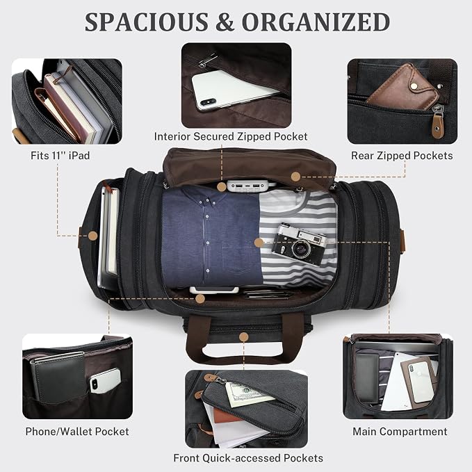 Gonex Canvas Duffle Bag, Expandable 60L Travel Overnight Weekender Bag | Multiple Pockets, Carry-On Size, Durable Zippers, Detachable Strap, for Men & Women, Dark Gray - Image 6