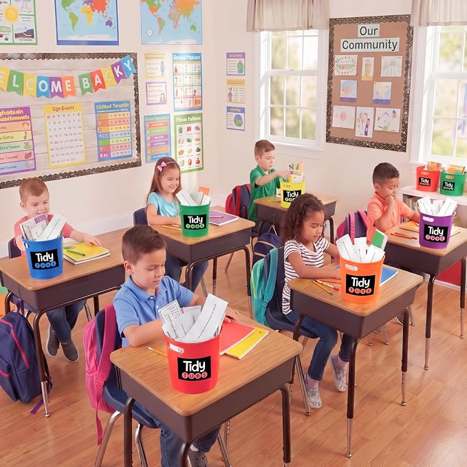meekoo 6 Pcs Tidy Tubs Classroom Trash Bins with Self-Adhesive Labels, Colorful Plastic Bucket Sorting Bins for Crafts, Sorting, Centerpiece, Pencil Holder 9.45 x 7.68 x 8.46 Inch for School - Image 5