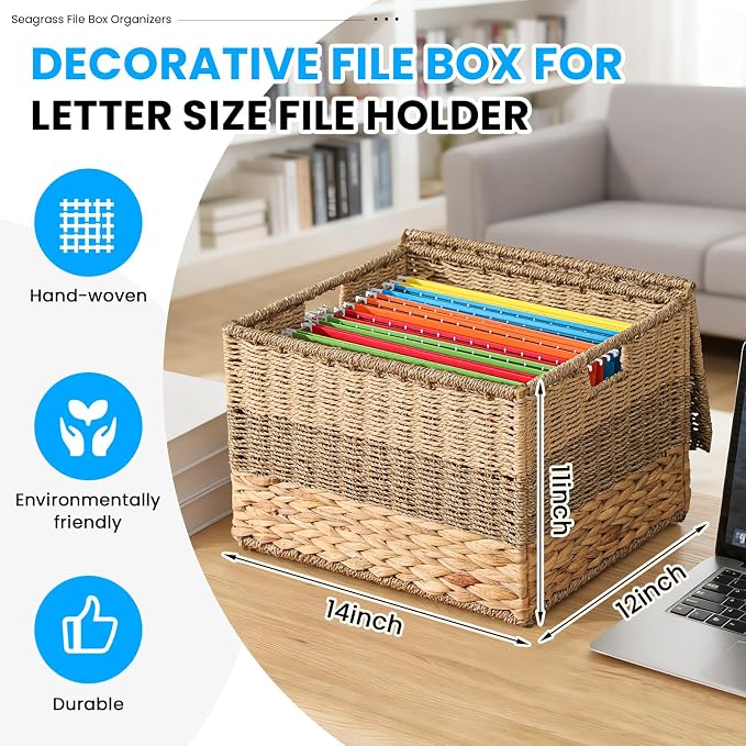 Decorative File Box 14 x 12 x 11 in Wicker Seagrass File Basket Organizer for Letter Size Hand Woven Hanging Filing Cabinet with Lid for Document Folder Home Office Decor, Water Hyacinth, Tricolor - Image 2