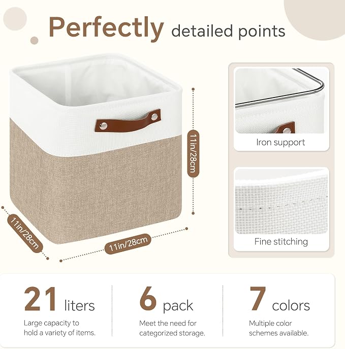 FinishingBo 11 inch Cube Storage Bin 6 Pack, Cube Organizer Bins | Fabric Storage Bins With Handles, 11x11 Storage Cubes, Shelf Basket, White/ Khaki - Image 5