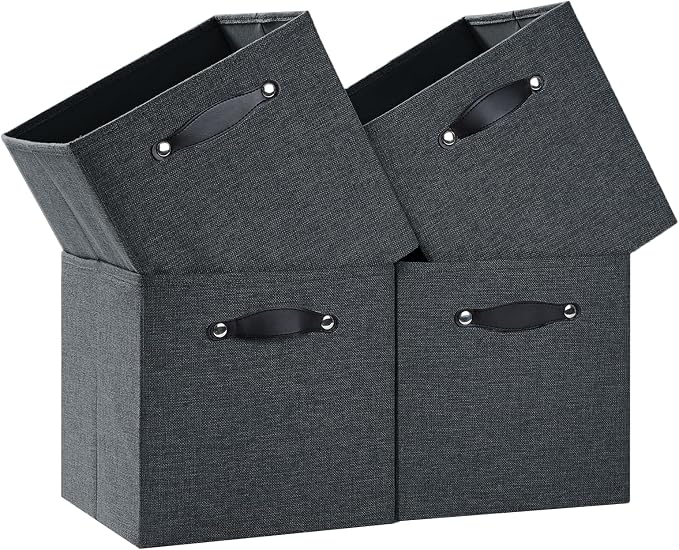 Cube Storage Bins | 13"x15"x13", Graphite Gray, 4 Pack | Multi-Size | 2X Thick Support Board | Vegan Leather Handles | 7.7 oz/yd² Fabric | Drawer Insert Basket Fits KALLAX by FABINADO