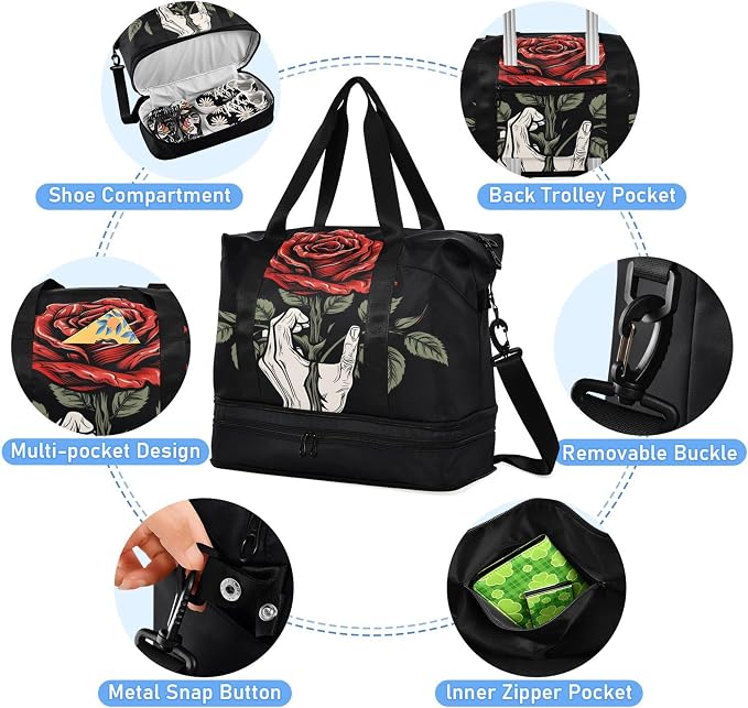 MNSRUU Unisex-Adults Travel Duffel Tote Bag Gothic Skull Rose Sports Gym Weekender Overnight Carry On Hospital Bag, 17.32 x 8.66 x 15.55 inches (expanded), Skull I 4148 - Image 2