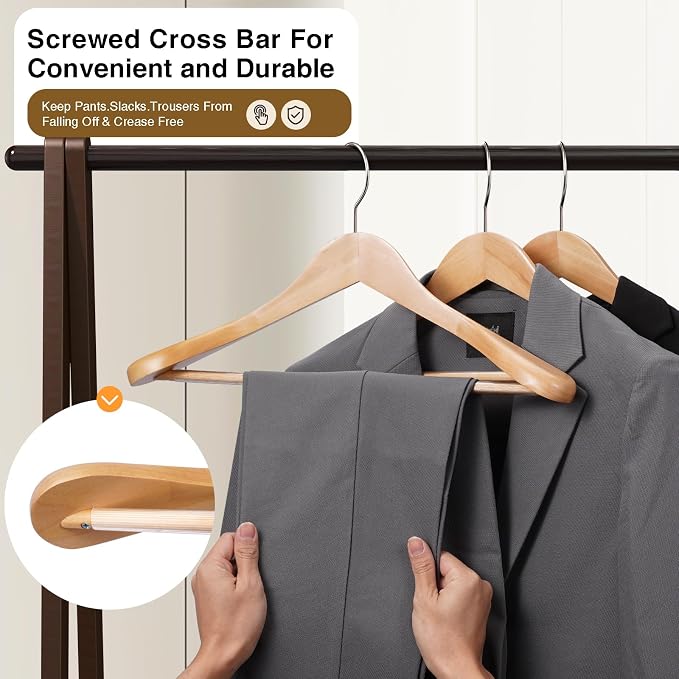 Wide Shoulder Hanger 10 Pack,Solid Wood Hanger,Heavy Duty Suit Hangers,Coat Hangers with Retotating Hooks & Non Slip Pants Bar,Smooth Clothes Hangers for Sweater, Pants, Jacket(Natural - Image 3