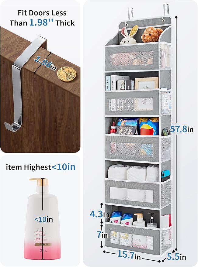 JARLINK Over the Door Organizer for Bedroom, Pantry, Bathroom, 5 Shelf Grey | Anti-Tilt Design, 44 lb Load Capacity, Hanging Door Organizer with 5 Large Capacity Pockets, Behind Door Storage for Nursery - Image 3