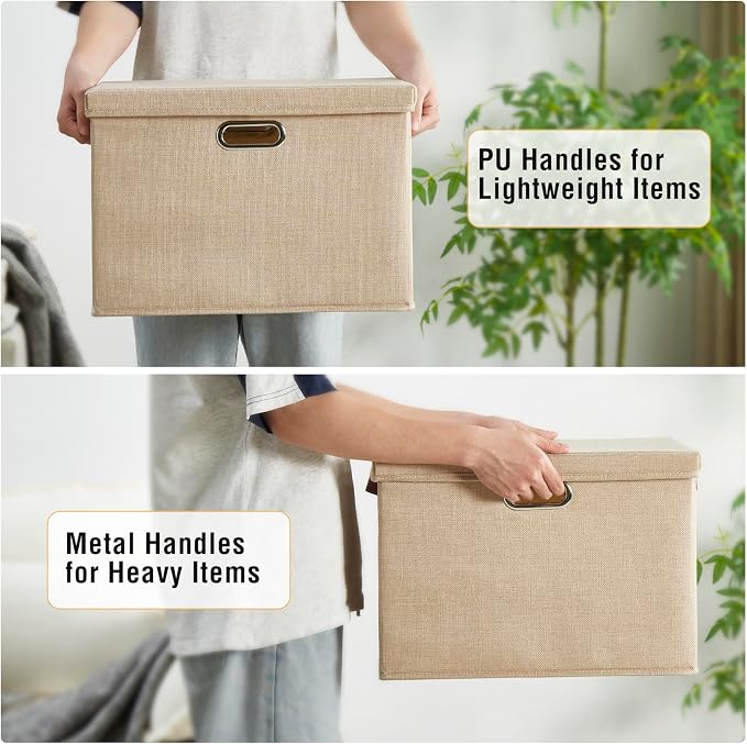 17" Large Fabric Storage Box with Lids, 3-Pack, Khaki | Stackable, Foldable, 2 PU Handles and 2 Metal Handles, Decorative Fabric, For Home, Bedroom, Closet, Office, Nursery - Image 3