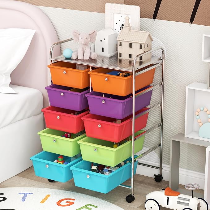 COSTWAY 10 Drawer Rolling Storage Cart, Utility Cart with Lockable Wheels | Mobile Art Supply Craft Organizer with Metal Frame, Multipurpose Drawer Cart for Paper for Office, School, Multi-color - Image 2