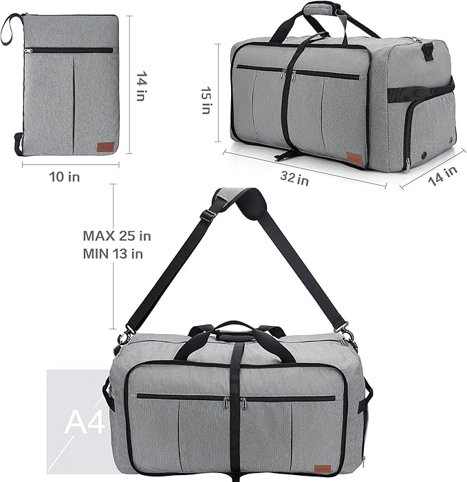 100L EXTRA LARGE Foldable Waterproof Travel Duffel Bag for Men Women Gray | with Shoe Compartment, 32" Duffle Bag for Weekender Gym Sport, Tear Resistant - Image 2