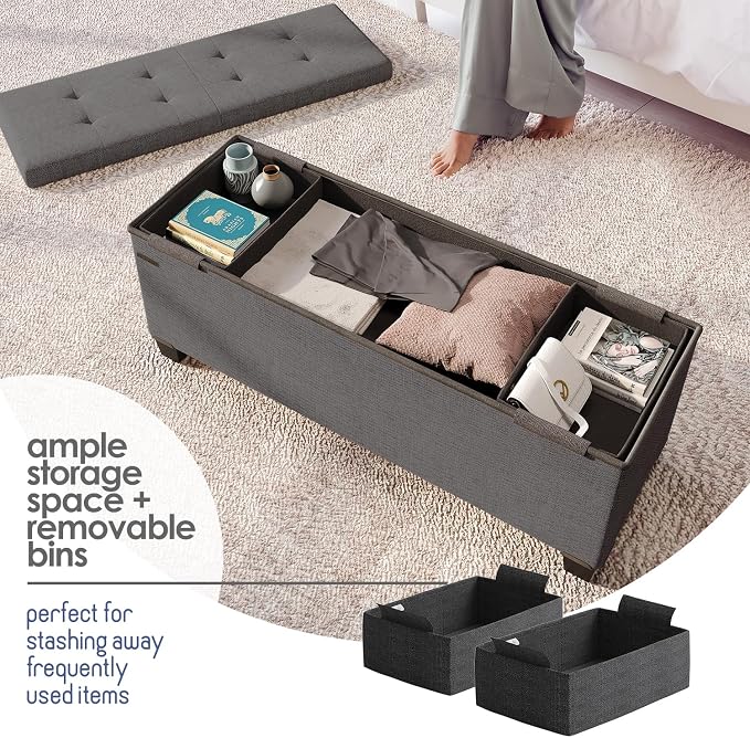 Storage Ottoman Bench with Bins, 43-in Storage Bench for Bedroom End of Bed, Folding Foot Rest Ottoman for Living Room Max 660lbs, Fabric Ottomans, Grey - Image 3