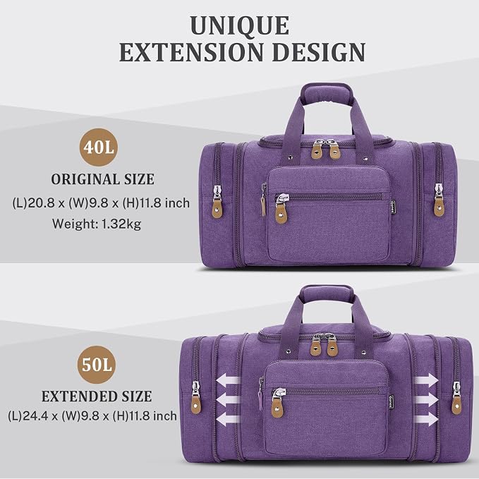 Gonex Canvas Duffle Bag, Expandable 50L Travel Overnight Weekender Bag | for Men, Multiple Pockets, Carry-On Size, Durable Zippers, Detachable Strap, Purple - Image 3