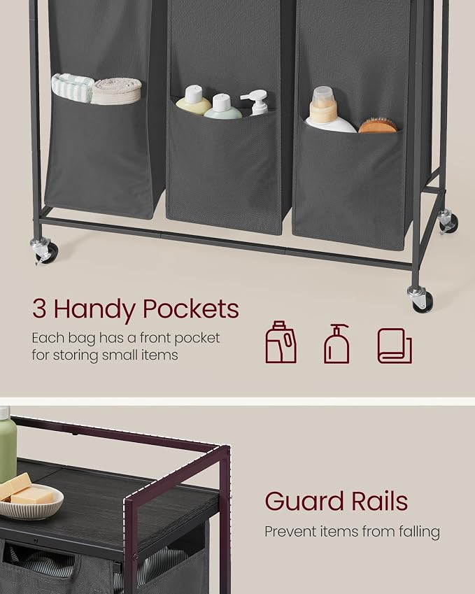 VASAGLE Laundry Sorter, 43.5 Gal. (165 L) Laundry Hamper Basket with 3 Compartments, Rolling Cart with Wheels, Shelf, Removable Bags, Pockets, Slate Gray and Charcoal Gray UBLH031G01 - Image 4