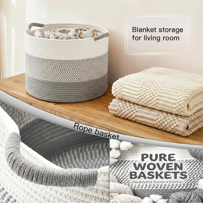Artfeel 40L Large Cotton Rope Basket, Decorative Woven Blanket Storage for Living Room, Boho Toy Storage & Toy Box for Kids, Versatile Laundry Basket & Nursery Hamper for Blankets(Gery) - Image 5