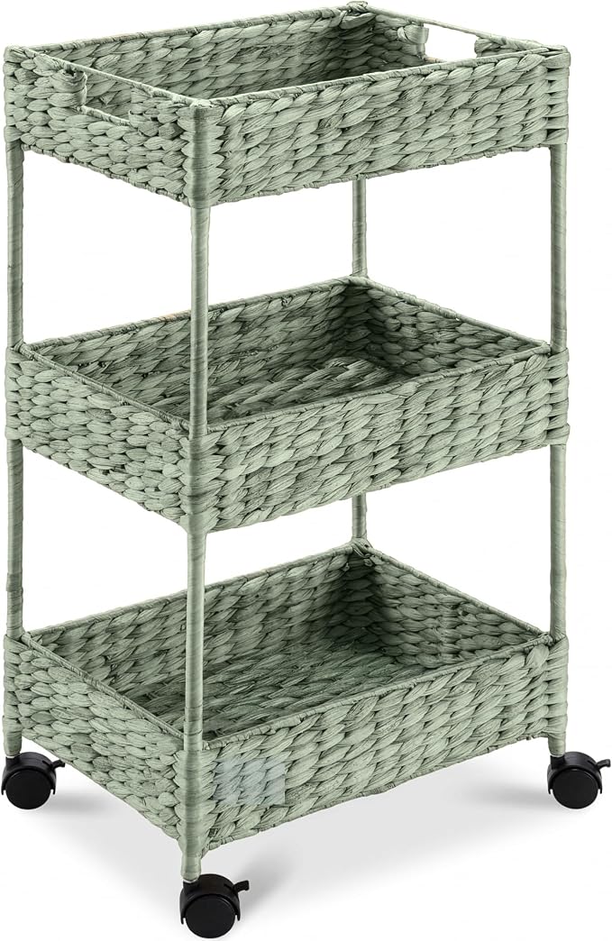 Best Choice Products 3-Tier Water Hyacinth Rolling Nursery Caddy w/Wheels, Utility Cart, Storage Organization for Bathroom, Craft Room, Laundry Room - Sage by Unknown