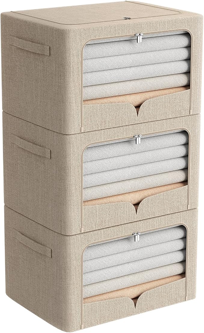 FHSQX 3 Pack Clothes Storage Bins Foldable Metal Frame Storage Box Extra Large Stackable Linen Fabric Organizer Set with Carrying Handles and Clear Window (Beige, 23.6x16.5x15.7inch(100L)) by FHSQX