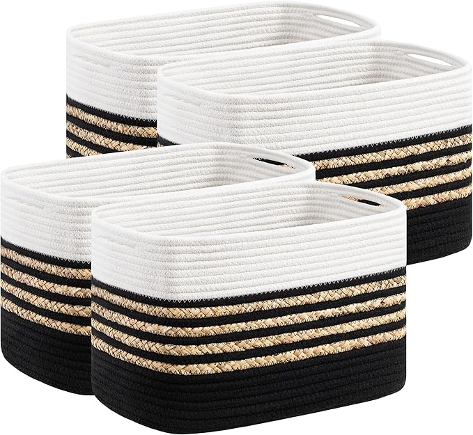 UBBCARE 4 Pack Baskets for Organizing, Woven Storage Baskets for Toys and Towel, Rectangle Cotton Rope Basket with Handles, 14''L x 8''W x9''H, Black by UBBCARE