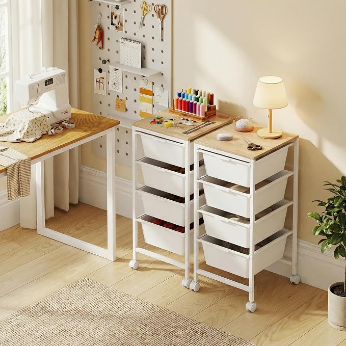 Rolling Storage Cart with 4 Drawers, Plastic Craft Organizer on Wheels with Wooden Top, Mobile Art Supply Utility Cart for Classroom, Home, Office - Image 2
