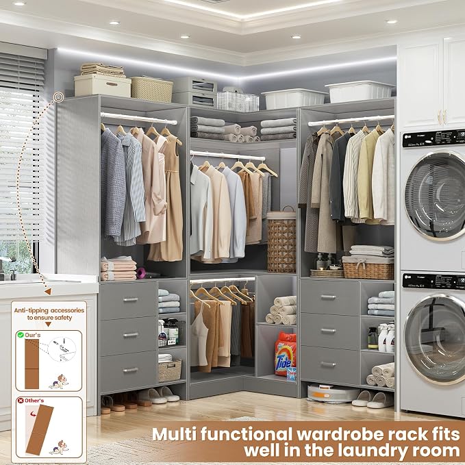 Aheaplus Closet System with 6 Drawers, 4 Hanging Rods & Corner Tower, Corner Closet System with Hanging,92.6" L-Shaped Walk-In Wardrobe Organizer, 2000+ lbs Capacity, Set of 3, Grey - Image 4