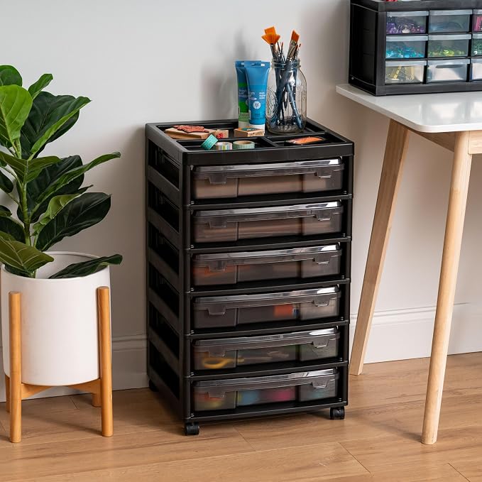 IRIS USA Rolling Cart with Drawers |Made in USA| 6-Tier Cases - Black/Gray | Fits 12"x12" Paper, Built-In Handles, Storage Unit with Supply Top for Craft, Art, Office Supplies, Pens & Pencils - Image 2