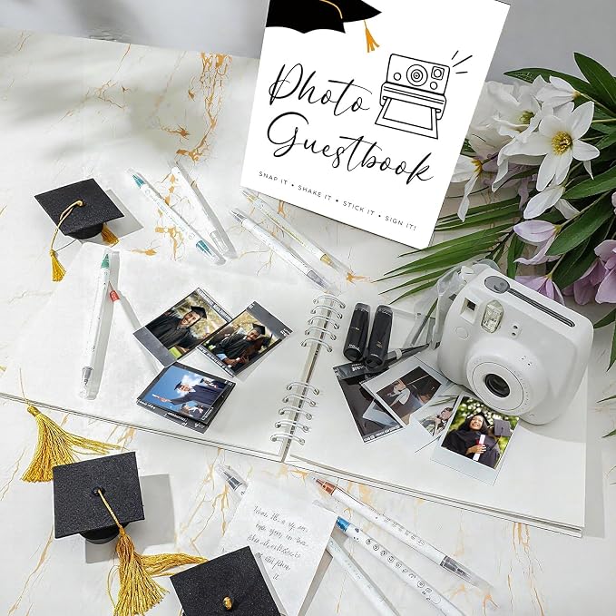 12 Pcs 2026 Graduation Guest Book with Photo Sign Decor 80 Pages Class of 2026 Scrapbook Photo Album with 10 DIY Dual Tip Metallic Markers Pens Gift, Exclude Camere(Graduation Cap,White,10.4 Inches) - Image 5