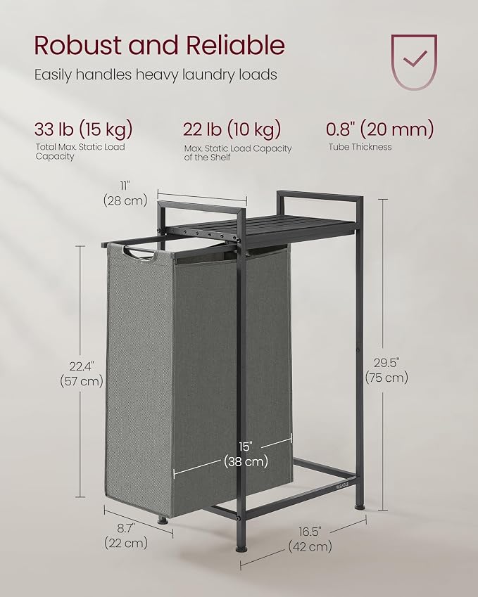 VASAGLE Laundry Hamper, Laundry Basket, Laundry Sorter with a Pull-Out and Removable Bag, Shelf, Metal Frame, 12.4 Gallons (47 L), 16.5 x 11 x 29.5 Inches, Slate Gray and Charcoal Gray UBLH001G01 - Image 5