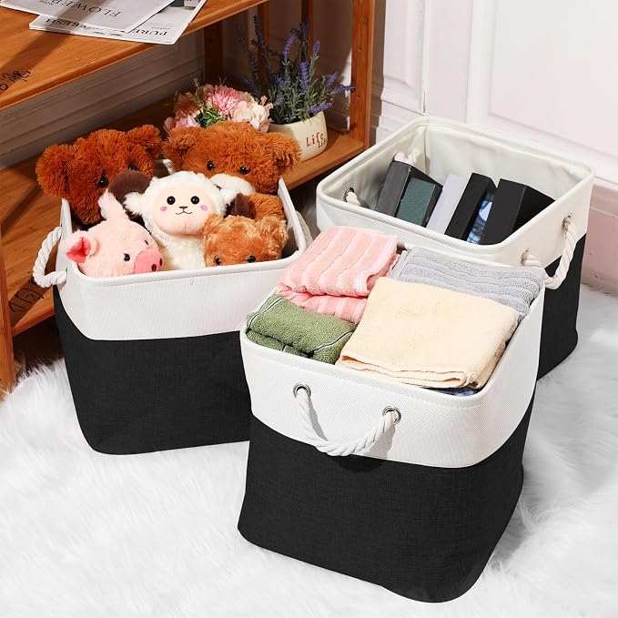 meekoo 8 Pack Collapsible Storage Bins Fabric Storage Bins Polyester Fabric Baskets with Handles Linen Closet Organizer for Shelf Home Closet Towels Toys(12 x 12 x 12 in,Black White) - Image 4