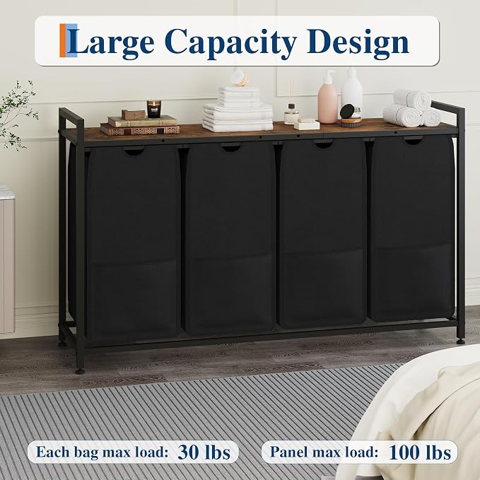 Garvee 194L Laundry Hamper 4 Sections, Rustic Brown + Black | Laundry Basket with Shelf & 4 Removable Bags, Dirty Clothes Basket Organizer for Bathroom Bedroom Room Organization - Image 6