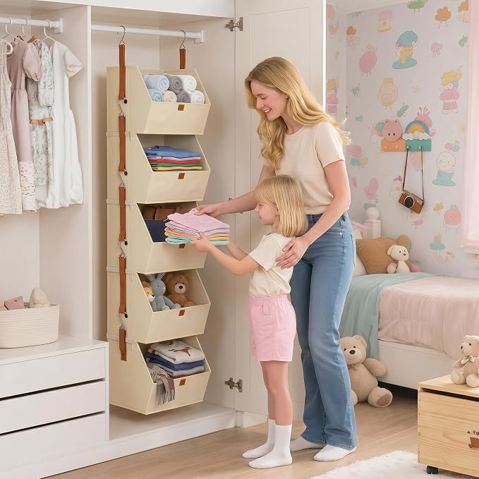8-Tier Beige Detachable Hanging Closet Organizer 2 Pack Fabric Shelves | Heavy-duty reinforced rods prevent sagging, even with bulky items - Image 2