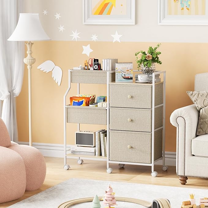 Modanais Baby Diaper Caddy Organizer Rolling Cart with Drawers, Off White | Detachable Dividers, 3 Tier Rolling Cart, Mobile Utility Cart with Wheels for Nursery, Bedroom, Changing Table & Crib - Image 6