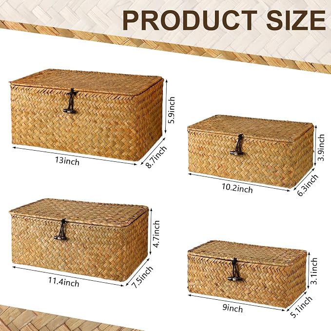 Woanger Set of 4 Wicker Baskets with Lids, Nautral Seagrass Storage Baskets, Woven Rectangular Basket Bins, Rattan Storage Organizer for Shelf Closet Bedroom(Orange) - Image 2