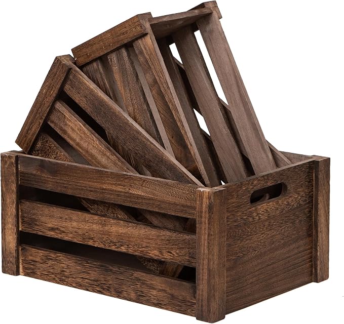 Set of 3 Nesting Wooden Crates, Small Rustic Farmhouse Wood Storage Boxes with Handles, Stackable Compact Organizer Bins for Kitchen Bathroom Bedroom Decor, 3 Sizes (Retro Brown) - Image 9
