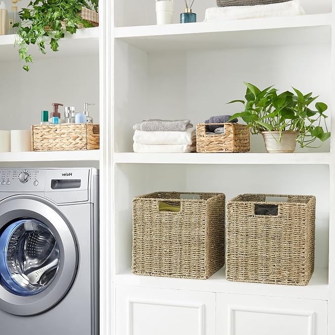 Wicker Storage Basket, Set of 2 Seagrass Storage Baskets, 13 Inch Foldable Wicker Basket Square Cube Storage Bins Storage Baskets for Organizing Shelf Baskets, 13''x13''x13'' - Image 7