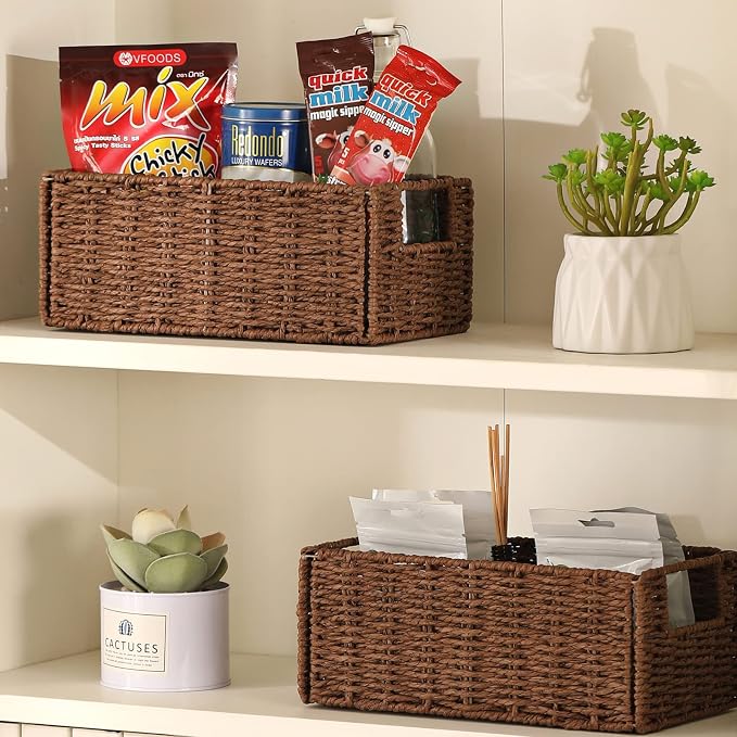 Wicker Storage Basket, Set of 2 Hand-Woven Paper Rope Wicker Basket, Small Storage Baskets for Organizing Toilet Paper, Foldable Large Cube Storage Organizer Bins for Shelves (Brown) - Image 5