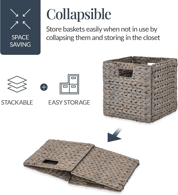 Best Choice Products 12x12in Pack of 5 Cube Storage Baskets, Water Hyacinth Multipurpose Collapsible Organizers, Handwoven Laundry Totes for Laundry, Living Room, Kids Room & Nursery - Gray - Image 3