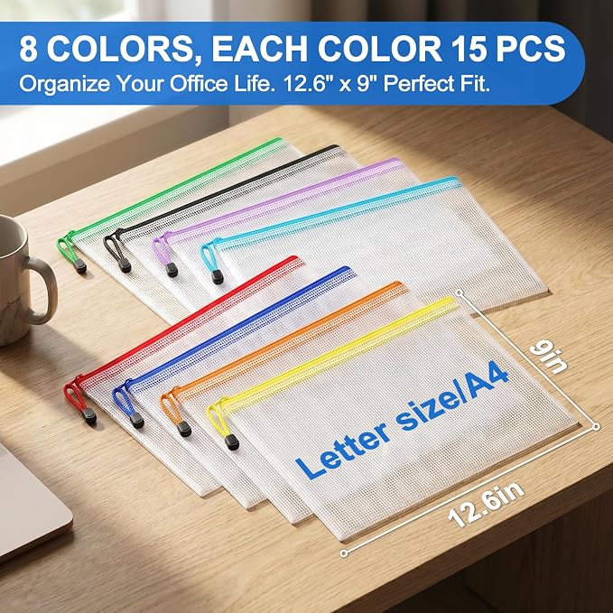 Jumlys 120 Pack Mesh Zipper Pouch Bags, A4 Mesh Bags, 8 Colors, Waterproof | Clear Storage Bags for Organizing, Ideal for Office & School Supplies, Toys, Puzzles and Board Games - Image 2