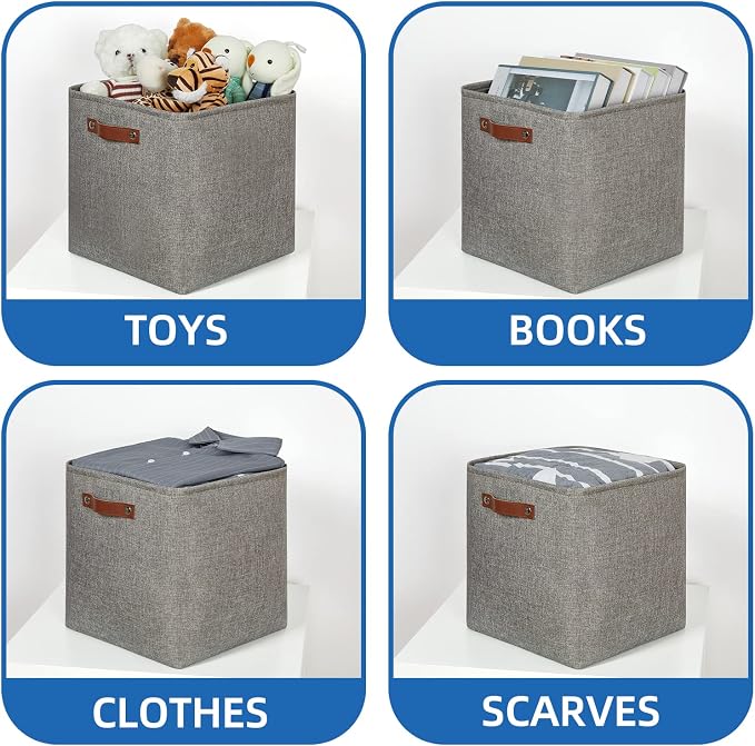 Temary Storage Baskets 13 Inch Fabric Storage Cubes for Shelves Set of 4 Storage Cube Bins for Home, Office, Storage Organizers for Toys with Leather Handles(Grey) - Image 4