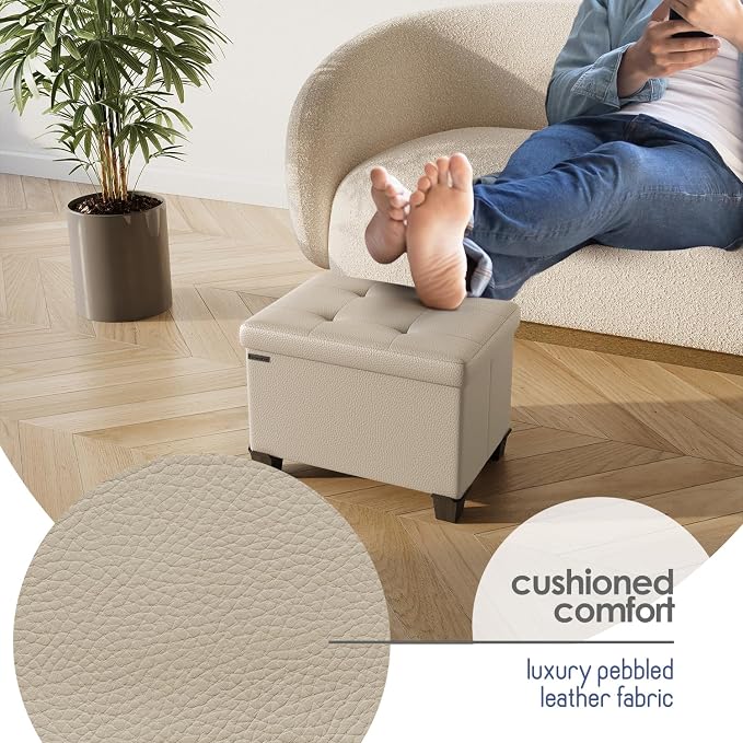 Storage Ottoman Cube with Small Bin, 16-in Square Ottoman with Storage for Living Room and Bedroom, Small Ottomans Foot Rest, Leather Foot Stools Ottomans Max 330lbs, Beige - Image 7