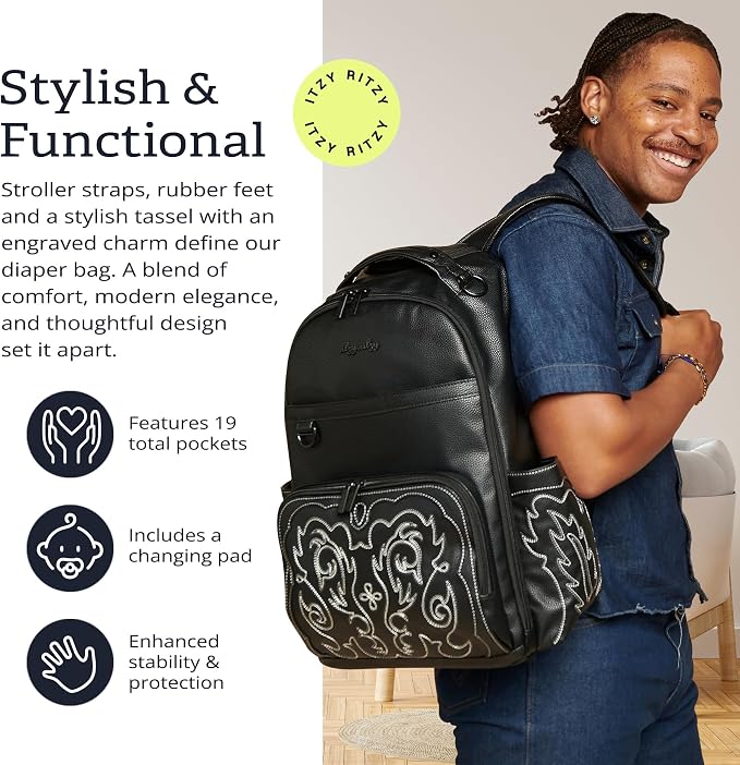 Itzy Ritzy Boss Plus Diaper Bag Backpack with 19 Pockets (Outlaw Black) | Large Diaper Bag Backpack Includes 2 Insulated Bottle Pockets, Changing Pad, Stroller Clips, Padded Straps, Travel-Ready - Image 2