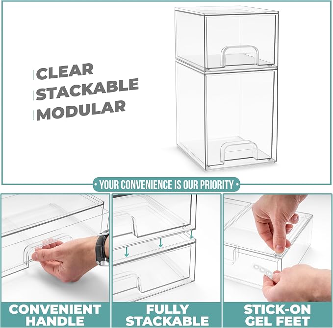Sorbus Clear Stackable Storage Drawers (2 Pack, 7.6'' and 4.4'' Tall) | Acrylic containers with pull-out bins keep cosmetics, brushes and daily items sorted on bathroom counters or in cabinets. - Image 5
