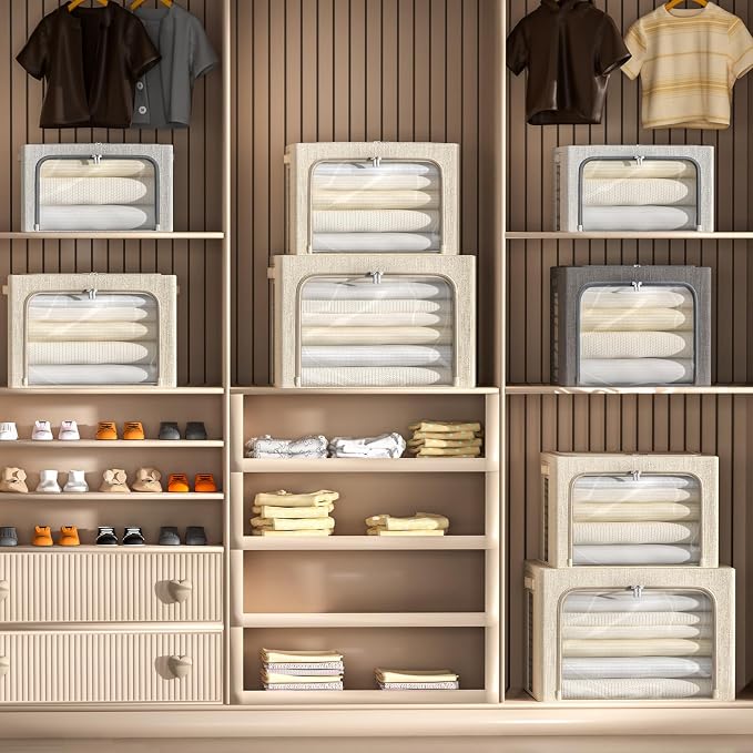 CYhom 4 Pack Clothes Storage Bins with Metal Frame - Linen Fabric Foldable Stackable Container Organizer Set with Clear Window & Carry Handles & Zippers (Beige, 23.6"x16.5"x15.7") - Image 7