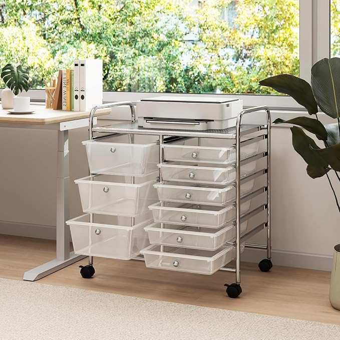 RELAX4LIFE 9 Drawer Rolling Storage Cart - Mobile Drawer Carts for Craft Art Supply Paper Salon, Utility Cart on Wheels for Classroom Teacher School Office, Rolling Cart with Drawers (Clear) - Image 2