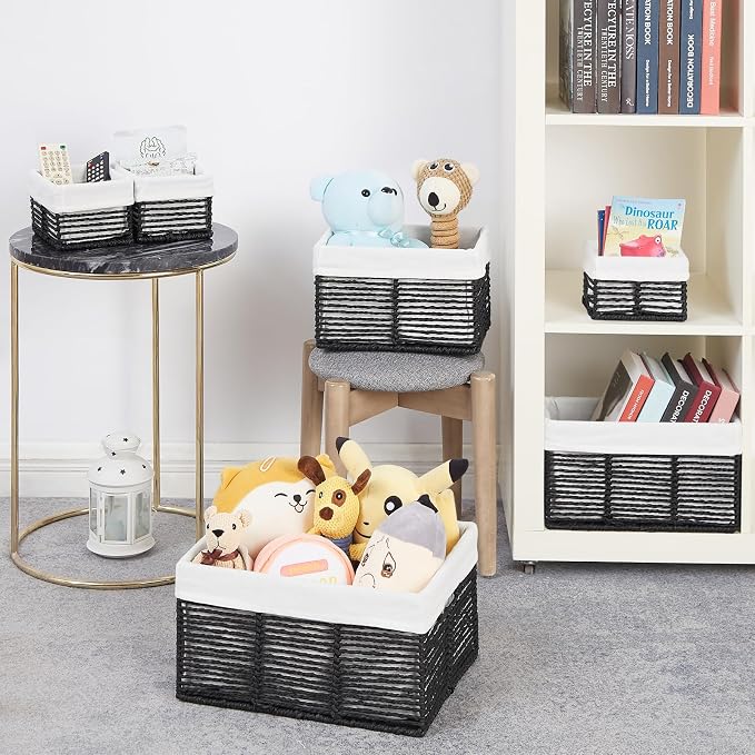 Wicker Storage Basket, 6 Pack Baskets for Organizing, Wicker Baskets with Handle, Rectangular Woven Basket for Storage Shelves, Cube Storage Bins for Closet/Clothes/Dresser, Black - Image 4