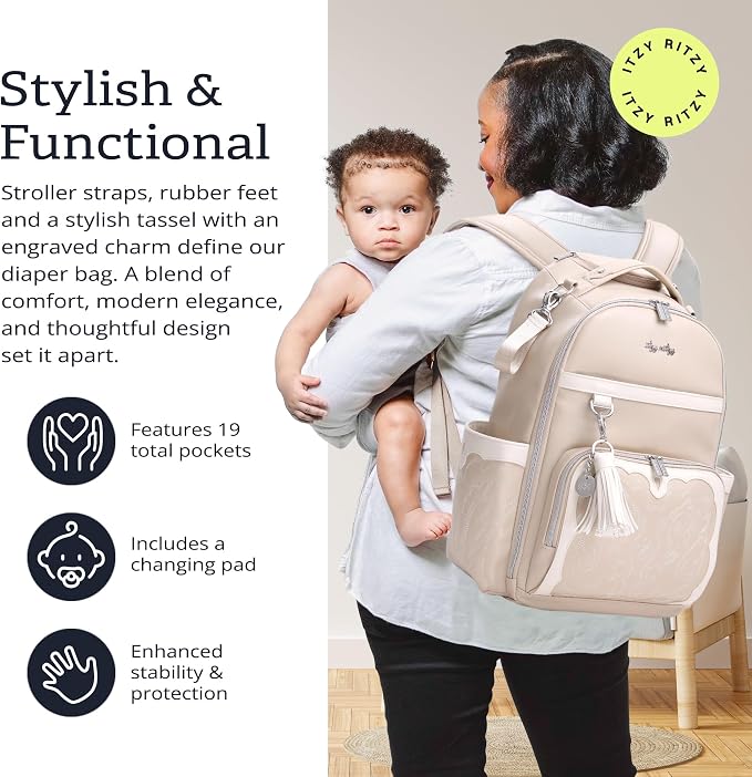 Itzy Ritzy Boss Plus Large Diaper Bag Backpack with 19 Pockets (Oat) | Includes 2 Insulated Bottle Pockets, Changing Pad, Stroller Clips, Comfortable Padded Straps, Easy-to Clean, Travel-Ready - Image 4