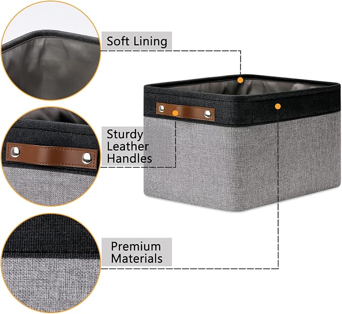 DULLEMELO Canvas Storage Bin with Handles, Fabric Bins for Shelves, Bedroom, Office,Nursery,Fabric Storage Baskets for Toys, Clothes,Gift(Black&Grey,L-15"x11"x9.5",4-Pack) - Image 3