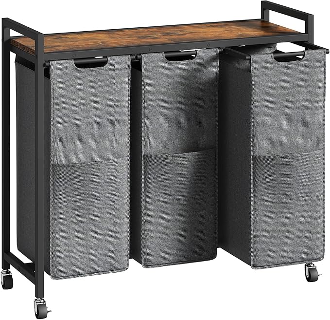 HOOBRO Laundry Sorter 3 Section, Laundry Hamper with Wheels, 3 × 11.5 Gal (43.4L), Rolling Laundry Basket, Pull-Out and Removable Oxford Fabric Laundry Bags, Rustic Brown and Grey BFG76XY01 by HOOBRO