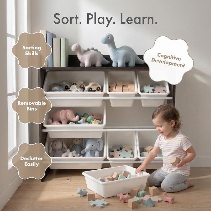 Humble Crew Kids Toy Organizer with Display Shelf, 9 Bins, 3 Tier Storage | Sturdy wood and steel toddler shelf, removable BPA-free containers, wall anchor anti-tip safety kit for bedroom or classroom - Image 6