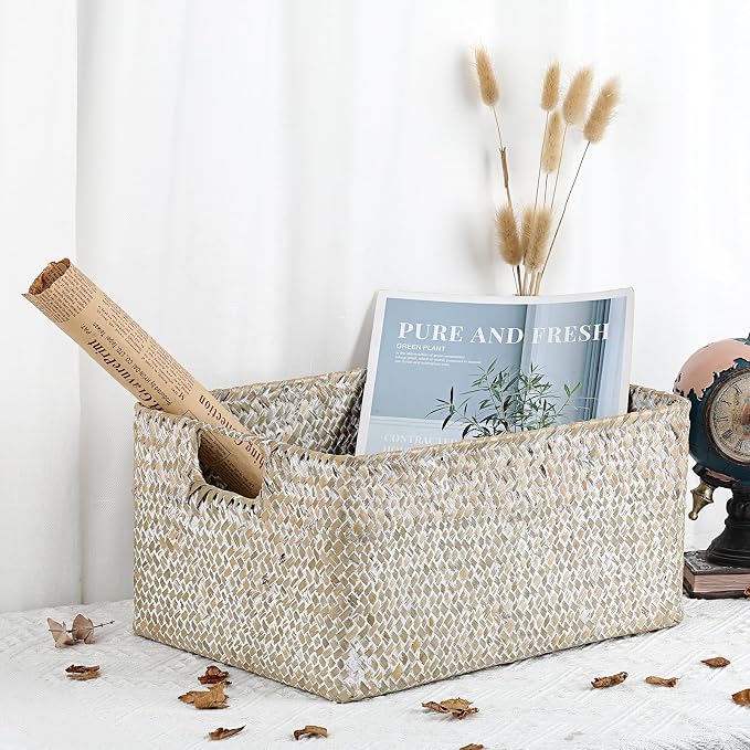 Hipiwe Seagrass Storage Basket Bin Rectangular Handwoven Wicker Storage Box with Handle Opened Baskets for Shelf Organizing Closet Bathroom, 13.3 x 9.8 x 6.7 Inch - Image 4