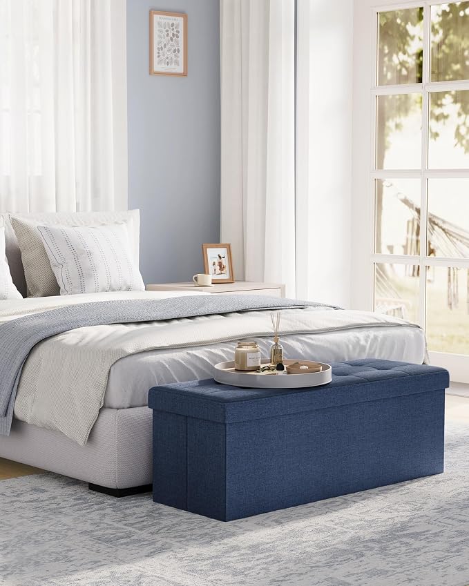 SONGMICS 43.3 Inches Folding Storage Ottoman Bench, Load 660 lb | Ottoman Foot Rest, Storage Chest, for Living Room, Entryway, Midnight Blue and Ink Black, MINOTA Collection ULSF77IN - Image 2