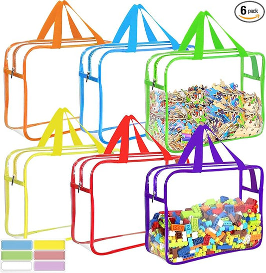 6 Packs Large Toy Storage Bags with Labels, Reusable Clear PVC Board Game Storage, Travel Waterproof Organizer Bags with Zipper for Building Blocks, Puzzle, Kids Books（6 Colors） by OPELETNNT