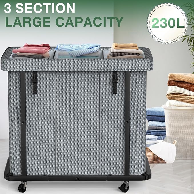 Laundry Basket with Lid,230L Rolling Laundry Hamper with Wheels,Grey | Dirty Clothes Hamper with Metal Frame and Removable Bag Design, Suitable for Laundry Room, Bedroom(3 Section) - Image 2